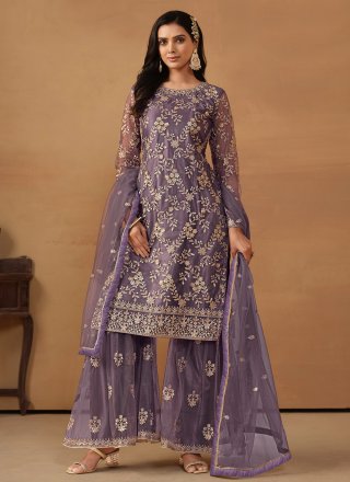 Purple Net Embroidered and Sequins Work Salwar Suit