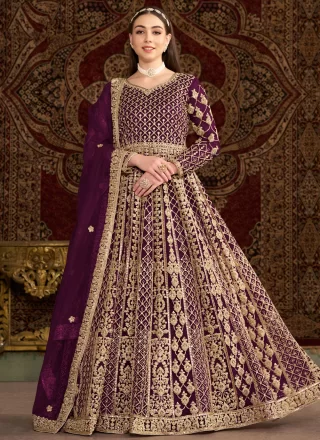 Purple Net Embroidered, Sequins and Zari Work Gown for Engagement