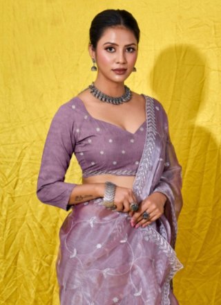 Purple Net Embroidered Work Contemporary Sari