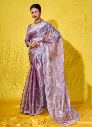 Purple Net Embroidered Work Contemporary Sari