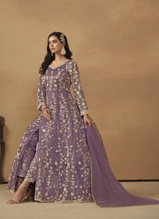 Purple Net Embroidered Work Pant Style Suit