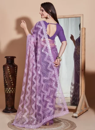 Purple Net Embroidered Work Trendy Saree