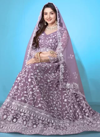 Purple Net Lehenga Choli with Embroidered Work