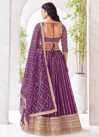 Purple Net Readymade Lehenga Choli with Embroidered and Sequins Work