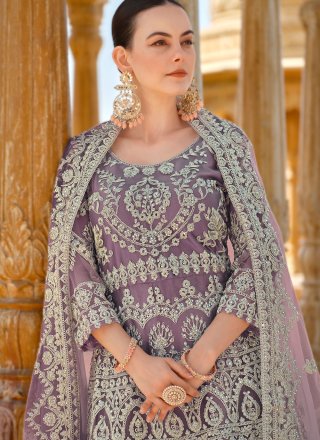 Purple Net Salwar Suit with Cord, Embroidered and Stone Work for Women
