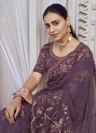 Purple Net Trendy Saree with Embroidered Work for Ceremonial