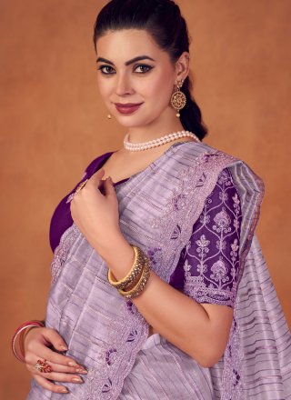 Purple Organza Classic Saree with Embroidered and Sequins Work for Women