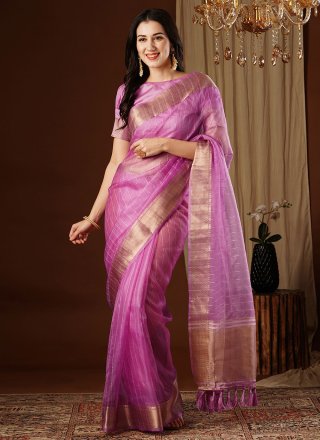 Purple Organza Classic Sari with Weaving and Zari Work
