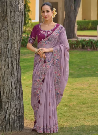 Purple Organza Cut, Embroidered and Sequins Work Classic Saree for Ceremonial