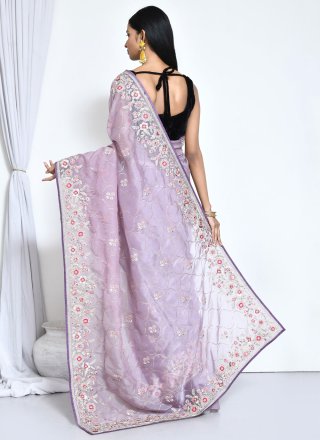 Purple Organza Embroidered, Sequins and Stone Work Trendy Saree