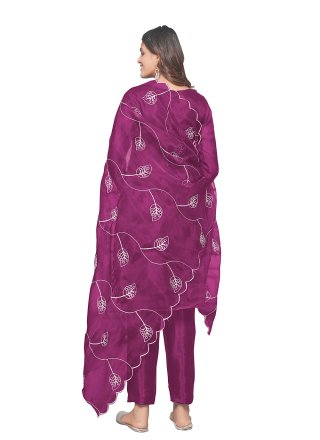 Purple Organza Embroidered Work Pant Style Suit for Ceremonial