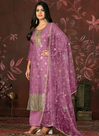 Purple Organza Palazzo Salwar Suit with Hand and Woven Work for Ceremonial