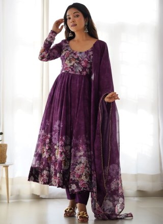 Purple Organza Print Work Anarkali Suit for Ceremonial