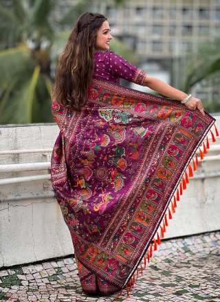 Purple Pashmina Kashmiri, Meenakari and Woven Work Contemporary Sari