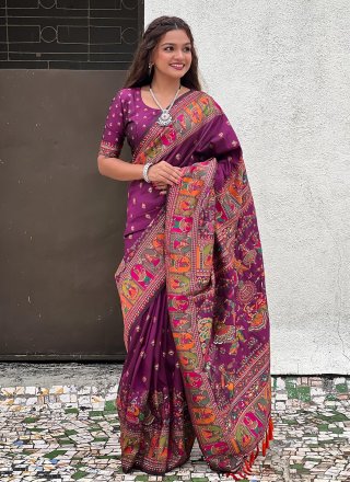 Purple Pashmina Kashmiri, Meenakari and Woven Work Contemporary Sari