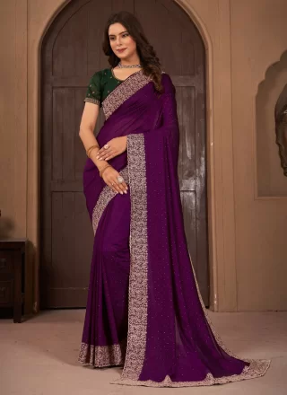 Purple Patch Border and Embroidered Work Vichitra Silk Designer Saree