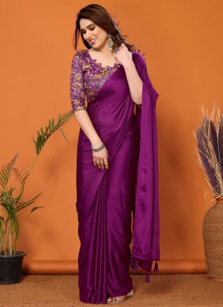 Purple Polyester Plain Work Contemporary Sari