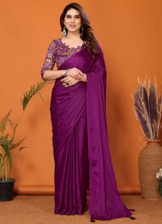 Purple Polyester Plain Work Contemporary Sari