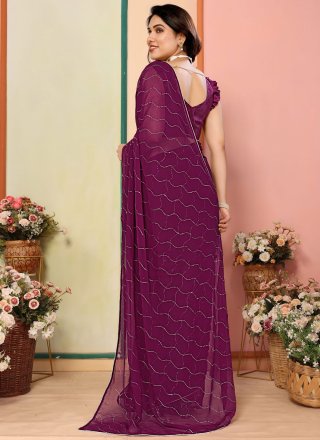 Purple Print Work Georgette Designer Saree
