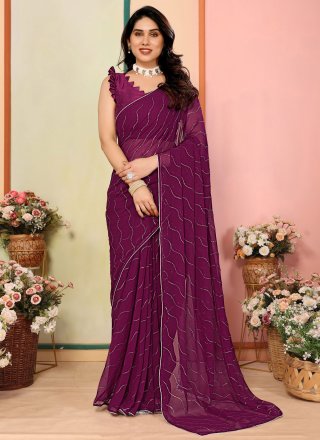 Purple Print Work Georgette Designer Saree
