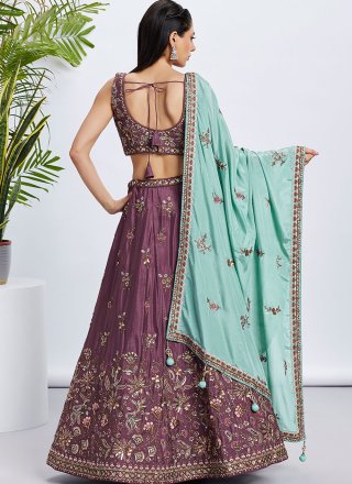 Purple Pure Chiffon Lehenga Choli with Embroidered, Sequins and Thread Work for Engagement