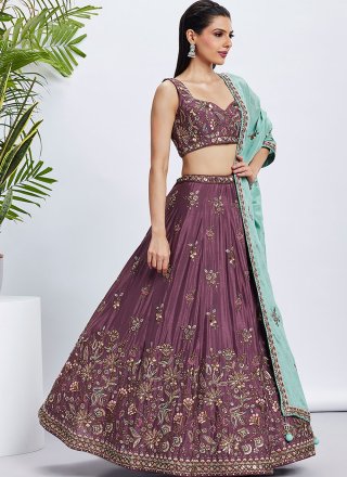 Purple Pure Chiffon Lehenga Choli with Embroidered, Sequins and Thread Work for Engagement