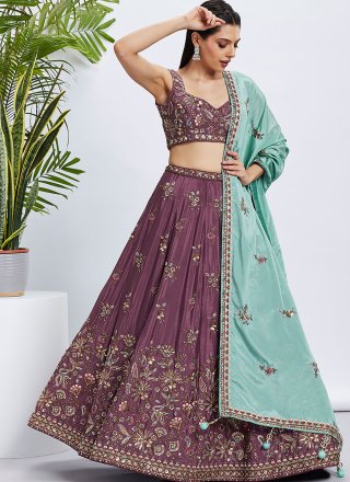 Purple Pure Chiffon Lehenga Choli with Embroidered, Sequins and Thread Work for Engagement