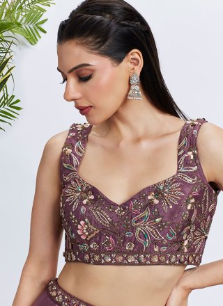 Purple Pure Chiffon Lehenga Choli with Embroidered, Sequins and Thread Work for Engagement
