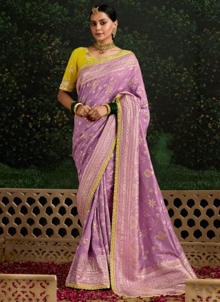 Purple Pure Dola Classic Saree with Patch Border, Embroidered, Sequins and Zari Work for Ceremonial
