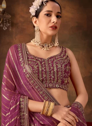 Purple Pure Georgette A - Line Lehenga Choli with Embroidered, Sequins and Thread Work