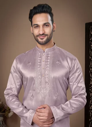 Purple Pure Silk Embroidered and Sequins Work Kurta Pyjama for Festival