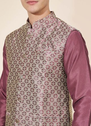 Purple Pure Silk Kurta Payjama with Jacket with Jacquard and Plain Work