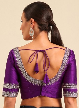 Purple Raw Silk Embroidered Work Blouse