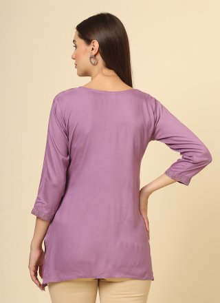 Purple Rayon Chikankari, Embroidered and Lucknowi Work Work Casual Kurti for Casual