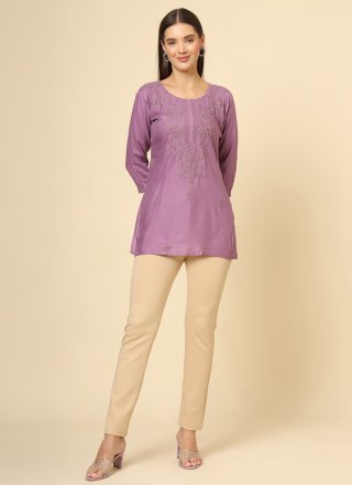 Purple Rayon Chikankari, Embroidered and Lucknowi Work Work Casual Kurti for Casual