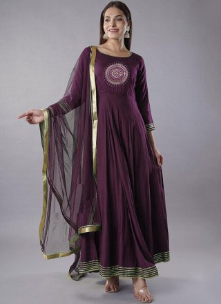 Purple Rayon Embroidered Work Anarkali Suit for Women