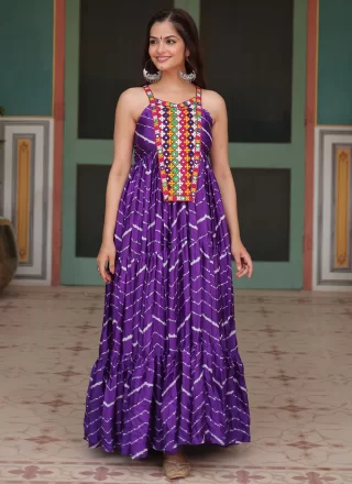 Purple Rayon Mirror and Print Work  Designer Gown for Ceremonial