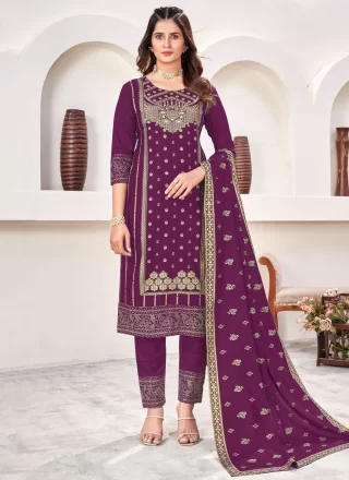 Purple Rayon Print Work Trendy Suit for Ceremonial