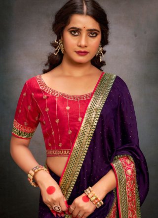 Purple Satin Silk Classic Sari with Patch Border and Swarovski Work