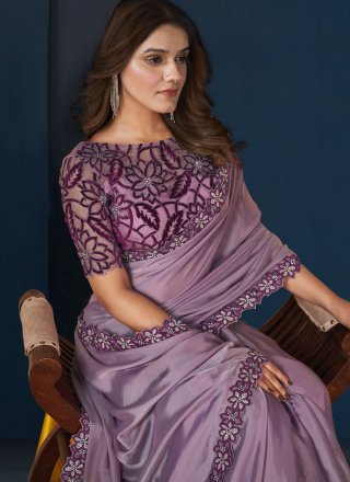 Purple Satin Silk Designer Saree with Embroidered and Sequins Work