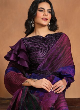 Purple Satin Silk Digital Print Work Classic Saree