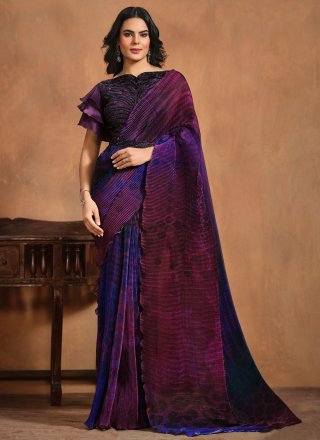 Purple Satin Silk Digital Print Work Classic Saree