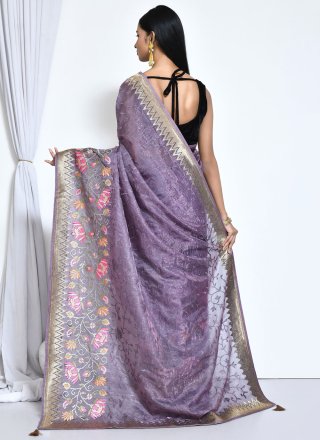 Purple Satin Silk Embroidered and Thread Work Classic Saree