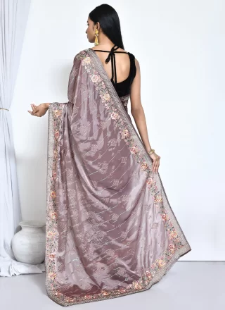 Purple Satin Silk Embroidered, Sequins and Stone Work Classic Sari