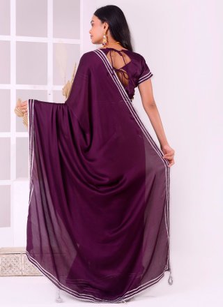Purple Satin Silk Patch Border and Lace Work Classic Saree for Women