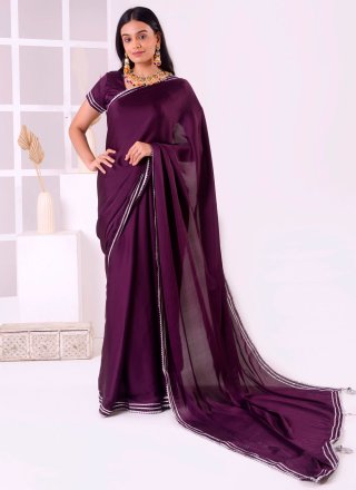 Purple Satin Silk Patch Border and Lace Work Classic Saree for Women