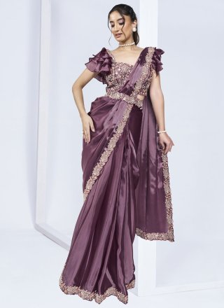Purple Satin Silk Traditional Saree with Hand, Khatli, Moti, Sequins and Thread Work