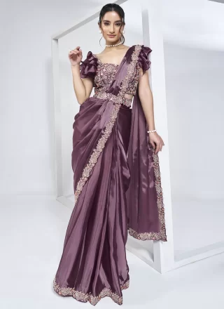 Purple Satin Silk Traditional Saree with Hand, Khatli, Moti, Sequins and Thread Work