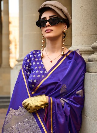 Purple Satin Woven Work Classic Saree for Women
