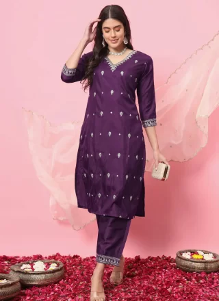 Purple Silk Blend Embroidered Work Trendy Suit